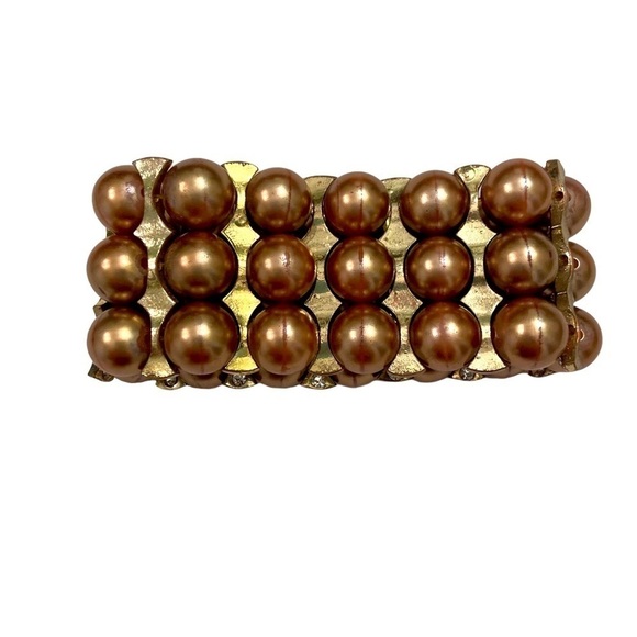 Fine costume jewelry stretch bracelet trio row of faux gold pearls & gold tone - Picture 1 of 4